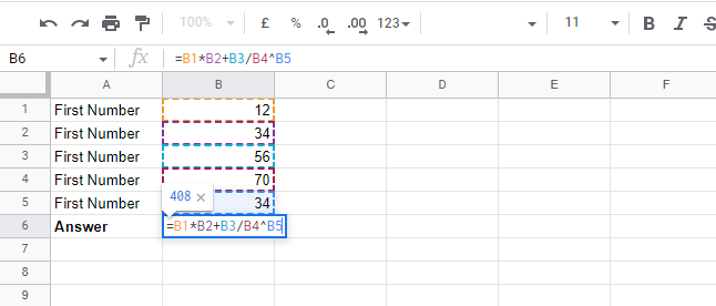 Create a complex formula in Google sheets, order of operations in Google sheets-2