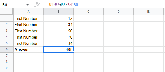 Create a complex formula in Google sheets, order of operations in Google sheets-3